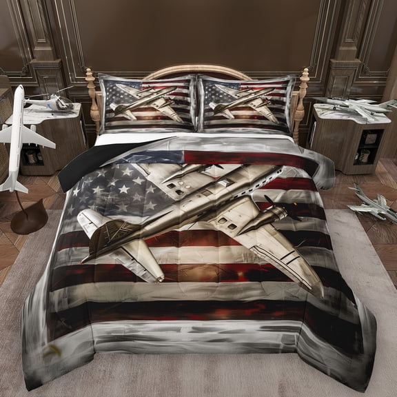Manfei Retro American Flag Full Size Comforter Sets,Cartoon 3D Aircraft Airplane Bedding Comforter Set,White Gray Red Bedding Sets For Girl Boy,Breathable Home Decor Reversible,3 Pieces