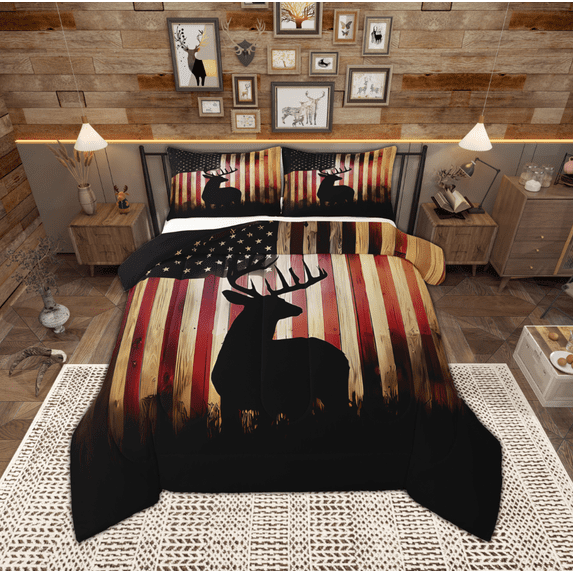 Manfei Retro American Flag Full Size Comforter Sets, Jungle Deer Elk Print Bedding Comforter Set, Rustic Farmhouse Animal Reversible Bedding Sets, Breathable Home Decor, 3 Pieces