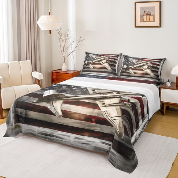Manfei Retro American Flag Queen Sheet Sets,Cartoon 3D Aircraft Airplane Flat Sheet,White Gray Red Queen Fitted Sheet For Girl Boy,Breathable Home Decor,4pcs