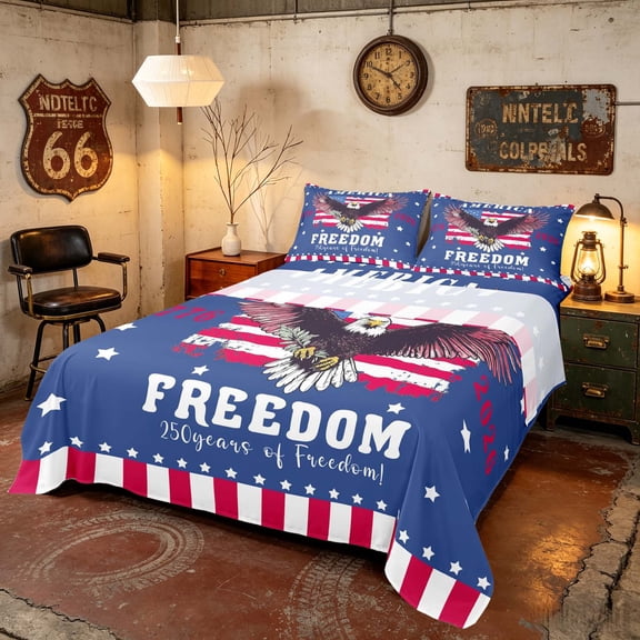 Manfei Retro American Flag Queen Sheets, Eagle Queen Sheet Sets, Blue Red, Navy Reversible 4pcs (1 Flat Sheet, 1 Fitted Sheet and 2 Pillowcases)