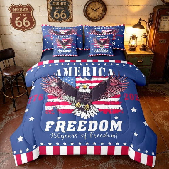 Manfei Retro American Flag Twin Bedding, Eagle Bedding Comforter Set, Blue Red, Navy Reversible 7 Pieces