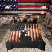 Manfei Retro American Flag Twin Bedding Sets 7-Piece, Jungle Deer Elk Print Bedding Comforter Set, Rustic Farmhouse Animal Reversible Sheet Sets, Breathable Home Decor