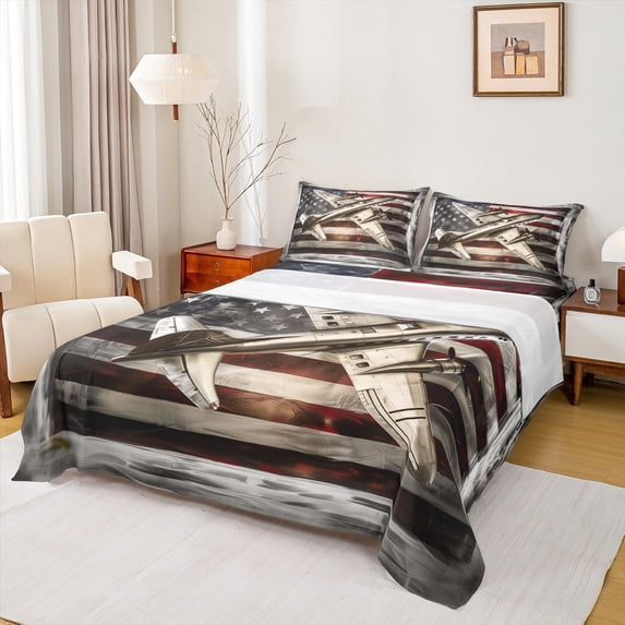 Manfei Retro American Flag Twin Sheet Sets,Cartoon 3D Aircraft Airplane Twin Fitted Sheet,White Gray Red Flat Sheet For Girl Boy,Breathable Home Decor,3-Piece