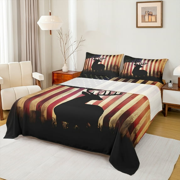 Manfei Retro American Flag Twin Sheet Sets, Jungle Deer Elk Print Twin Fitted Sheet, Rustic Farmhouse Animal Flat Sheet, Breathable Home Decor, 3 Pieces