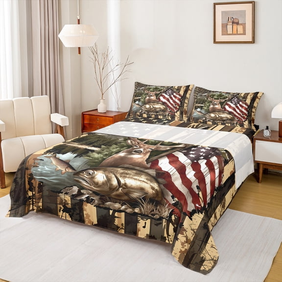 Manfei Retro American Flag Twin Sheet Set, Deer Fish Farmhouse Animal 3-Piece Cozy Decor