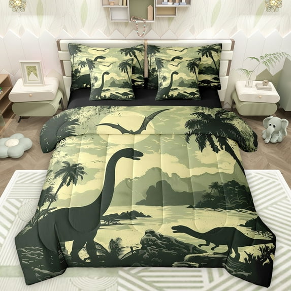 Manfei Retro Animal Dinosaur 7-Piece Bedding Comforter Set,Hawaii Sea Beach King Bedding Sets,Tropical Plant Coconut Tree Bed Sheets For Teens,Luxury Bedroom Decor Reversible
