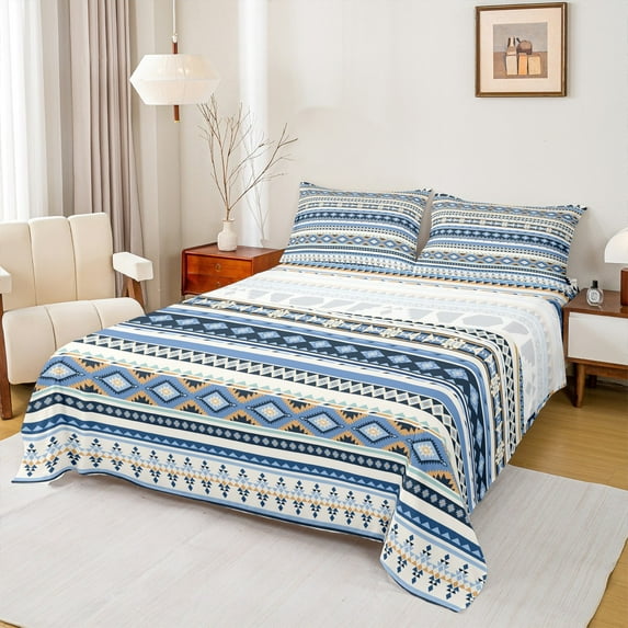 Manfei Retro Aztec Full Size Sheets,Boho bohemian Style Bed Sheets,Blue Beige Sheet Sets For Adults,Microfiber Bedroom Decor,4 Pieces