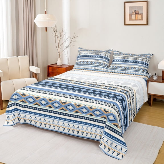 Manfei Retro Aztec Full Size Sheets,Boho bohemian Style Bed Sheets,Blue Beige Sheet Sets For Adults,Microfiber Bedroom Decor,4 Pieces