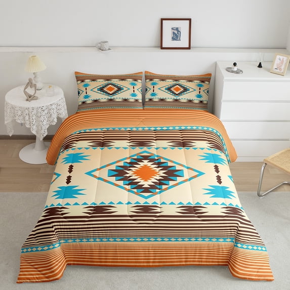 Manfei Retro Aztec Geometric Full Size Comforter Sets,Vintage Boho Geometric Bedding Comforter Set,Orange Cyan Brown Bedding Sets For Men Women,Breathable Home Decor,3-Piece
