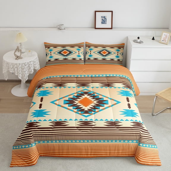 Manfei Retro Aztec Geometric King Size Comforter Sets,Vintage Boho Geometric Bedding Comforter Set,Orange Cyan Brown Bedding Set For Men Women,Breathable Home Decor,3pcs