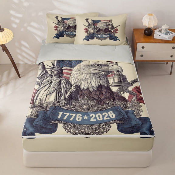 Manfei Retro Bald Eagle Zipper Full Size Comforter Sets with Fitted Sheet and 2 Pillowcases,Classic Us Flag Zipper Bedding Set,Beige,Light Gray Reversible,4pcs