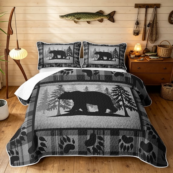 Manfei Retro Bear Bed Spread Queen, Western Farmhouse Queen Coverlet Set, Gray Black, Black Reversible, 3-Piece, 1 Quilt and 2 Pillowcases