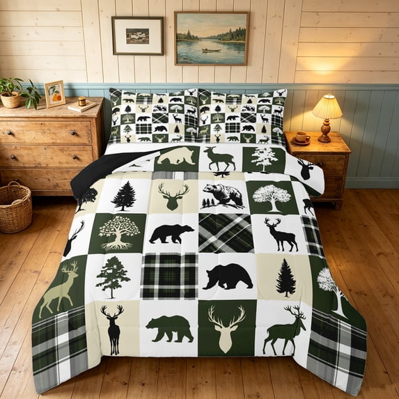 Manfei Retro Bear Deer Full Size Comforter Sets, Rustic Patchwork Bedding Comforter Set, White Dark Green, Black Reversible, 3 Pieces, 1 Comforter and 2 Pillowcases