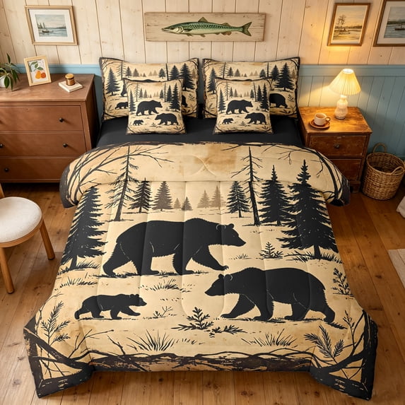 Manfei Retro Bear Full Size Bedding Sets, Western Lodge Cabin Full Size Bed in a Bag, Tan Peach, Black Reversible, 7-Piece
