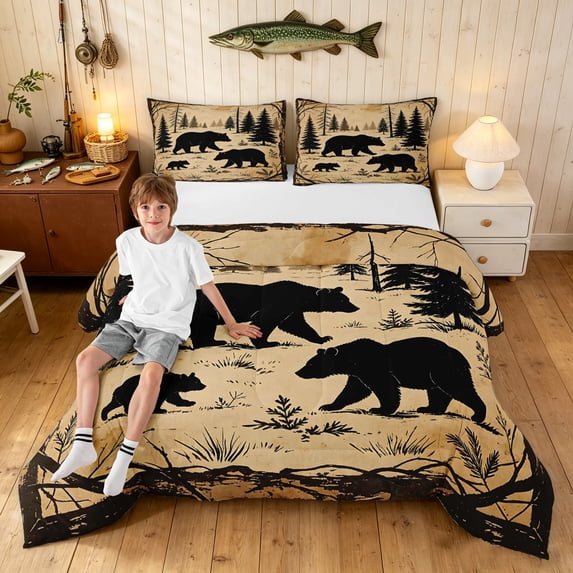Manfei Retro Bear Queen Comforter Set, Western Lodge Cabin Comforter Sets Queen, Tan Peach, Black Reversible, 3-Piece, 1 Comforter and 2 Pillowcases