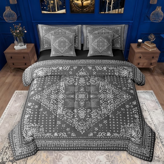 Manfei Retro bohemian Floral 7pcs Bedding Comforter Set,Vintage Damsk Queen Bedding Sets,Gray Boho Floral Queen Sheet Sets For Men Women,Super Cozy Room Decor Reversible