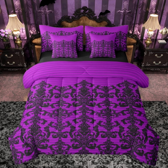 Manfei Retro bohemian Flowers 7-Piece Bedding Comforter Set,Rustic Victorian Floral King Bedding Sets,Black Purple Damask Bed Sheets For Girls Boys,Super Cozy Room Decor Reversible