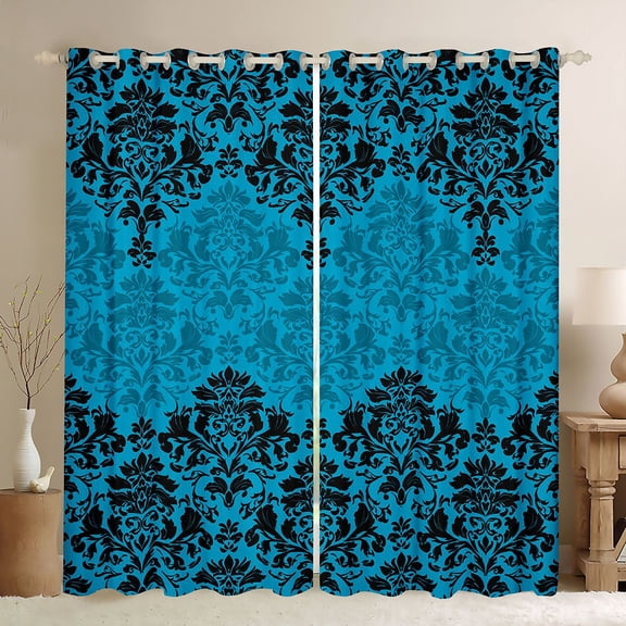 Manfei Retro bohemian Flowers Black Out Curtains,Rustic Victorian Floral Curtains Pack of 2 (42x63 Each),Blue Black Damask Bedroom Curtains For Girls Boys,Super Cozy Room Decor