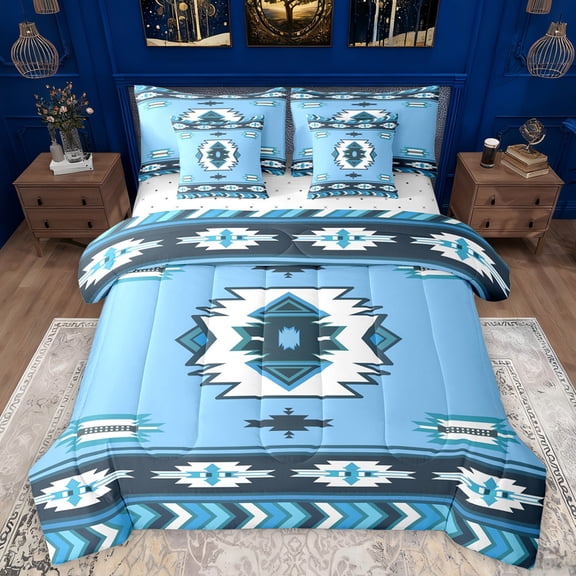 Manfei Retro Boho Aztec 7-Piece Twin Bedding Sets,bohemian Exotic Style Bedding Comforter Set,White Blue Sheet Sets For Boys Kids,Luxury Bedroom Decor Reversible