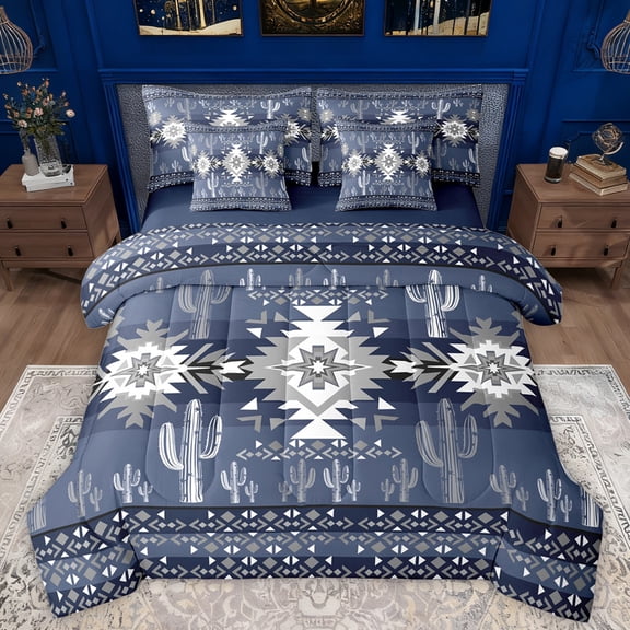 Manfei Retro Boho Aztec Bedding Comforter Set 7pcs for Women, Chic Tribal Abstract Ombre King Bedding Sets, Hippie Cactus Botanical Reversible Bed Sheets, Lightweight Room Decor