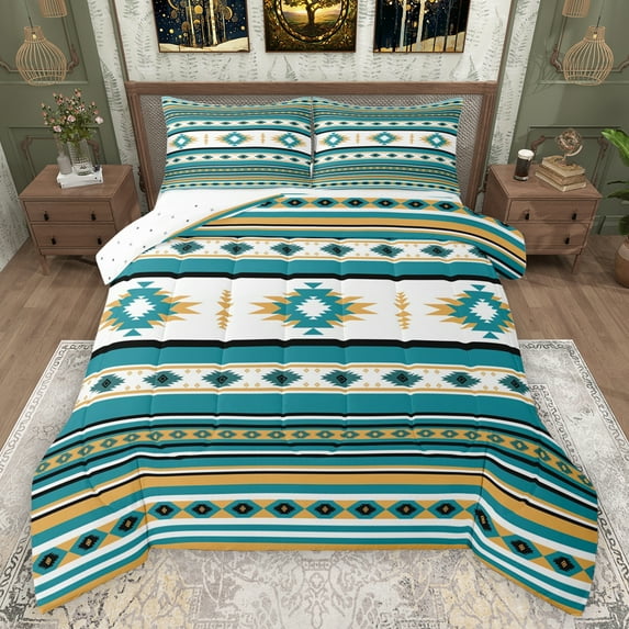 Manfei Retro Boho Aztec Full Size Comforter Sets,bohemian Exotic Style Bedding Comforter Set,Cyan Beige Rhombus Bedding Sets For Boys Kids,Luxury Bedroom Decor Reversible,3-Piece