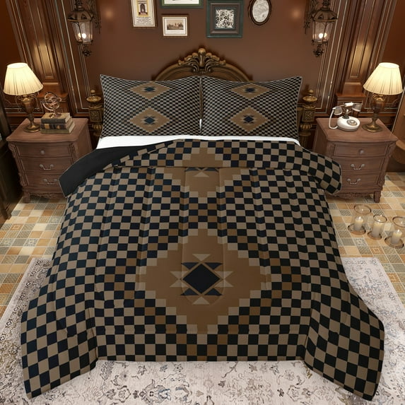 Manfei Retro Boho Aztec Full Size Comforter Sets,Classic Geometric Check Bedding Comforter Set,Brown Black Plaid Bedding Sets For Boys Girls,Luxury Bedroom Decor Reversible,3pcs