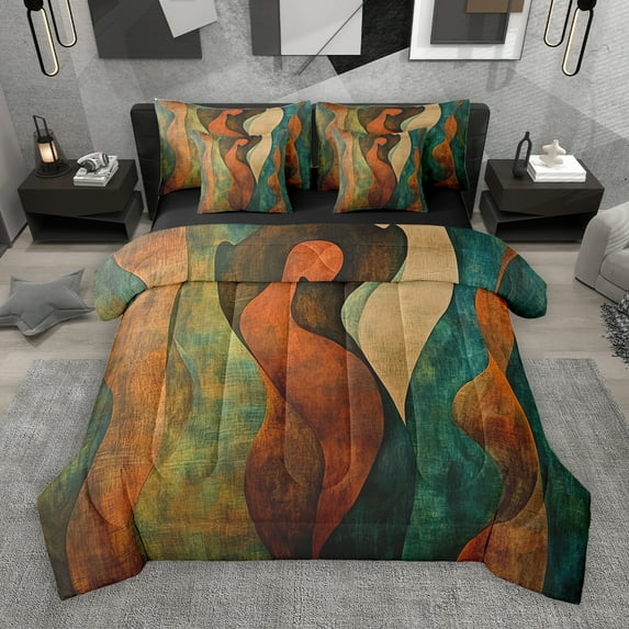 Manfei Retro Boho bohemian 7-Piece Bedding Comforter Set,Vintage Wave Striped King Bedding Sets,Gradient Green Brown Bed Sheets For Teens,Ultra Soft Home Decor Reversible