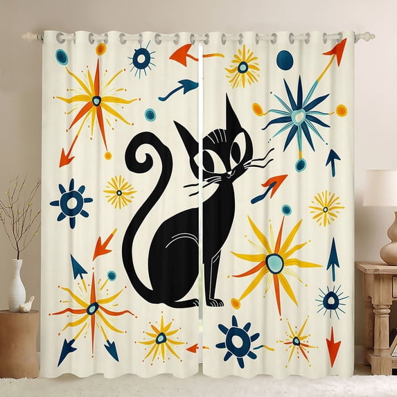 Manfei Retro Boho Cat Curtains and Drapes Pack of 2 (52x63 Each), Tribal Arrow Floral Black Out Curtains, Yellow Orange