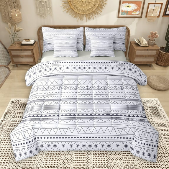 Manfei Retro Boho Geometric 7-Piece Bedding Comforter Set,Bohemian Theme King Bedding Sets,Light Purple White Bed Sheets For Men Women,Ultra Soft Home Decor Reversible