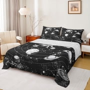 Manfei Retro Boho Sun Twin Sheet Sets,Galaxy Planet Twin Fitted Sheet,White Starry Night Flat Sheet For Boys Girls,Microfiber Bedroom Decor,3pcs
