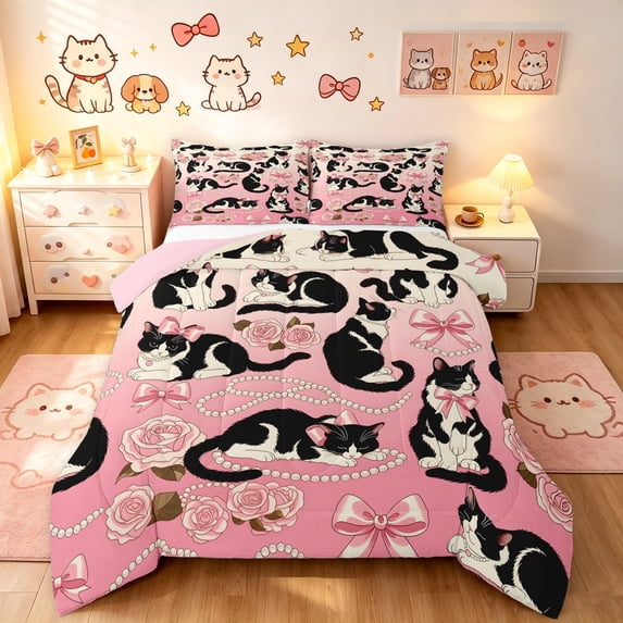 Manfei Retro Bow Cat Full Size Comforter Sets, Modern Rose Floral Bedding Comforter Set, Soft Pink, Pink Reversible, 3-Piece, 1 Comforter and 2 Pillowcases