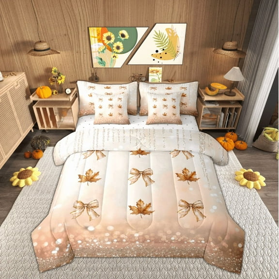 Manfei Retro Bowknot Bow Bedding Comforter Set 7pcs, Orange Fall Maple Leaf Queen Bedding Sets, Teens Kids Child Reversible Queen Sheet Sets, Ultra Soft Home Decor