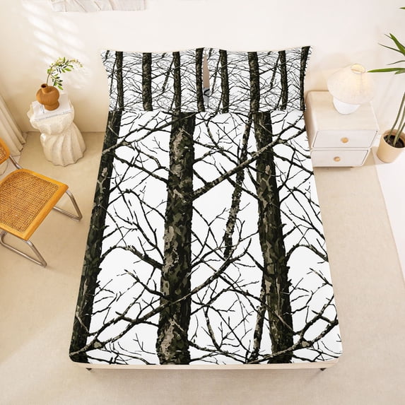 Manfei Retro Branches Plant Fitted Sheet Queen, Jungle Tree Botanical Bedding, Black White, 3 Pieces, 1 Fitted Sheet and 2 Pillowcases