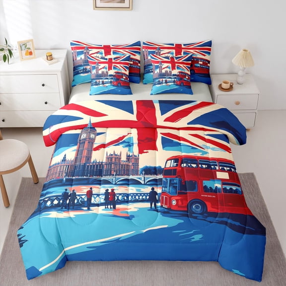 Manfei Retro British Flag 7-Piece Twin Bedding,London Red Bus Bedding Comforter Set,Red Blue,Light Gray Reversible