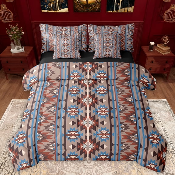 Manfei Retro Brown Rectangle Twin Bedding Sets 7-Piece, Mystic Western Abstract Bedding Comforter Set, Teens Adult Women Men Reversible Sheet Sets, Microfiber Bedroom Decor