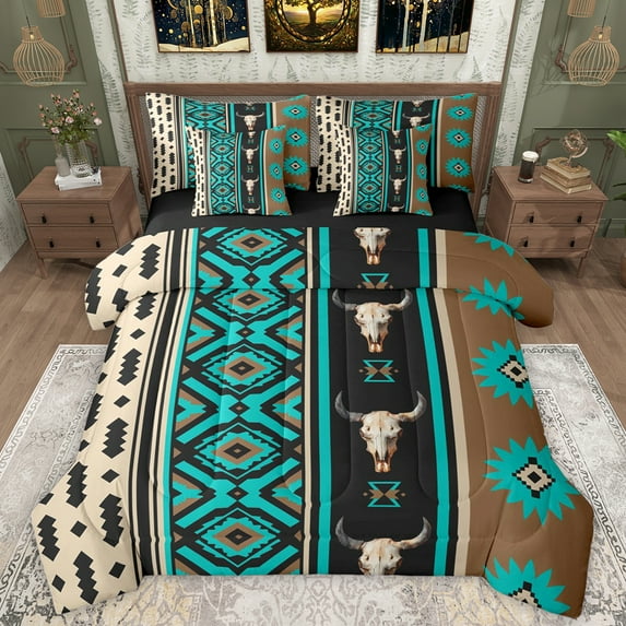 Manfei Retro Bull Skull 7-Piece Twin Bedding Sets,Rustic Western Farmhouse Bedding Comforter Set,Vintage Aztec Rhombus Sheet Sets For Girls Boys,Ultra Soft Home Decor Reversible