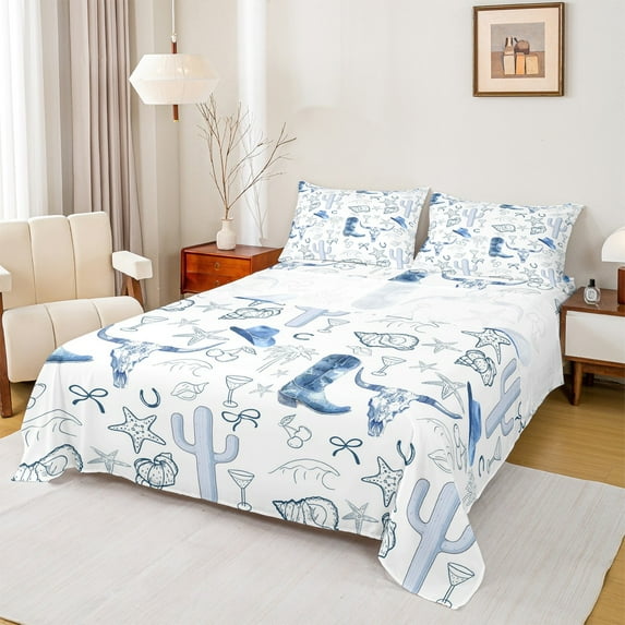 Manfei Retro Bull Skull Full Sheet Set,Blue Cowgirl Boots Starfish,Luxury Decor,4-Piece