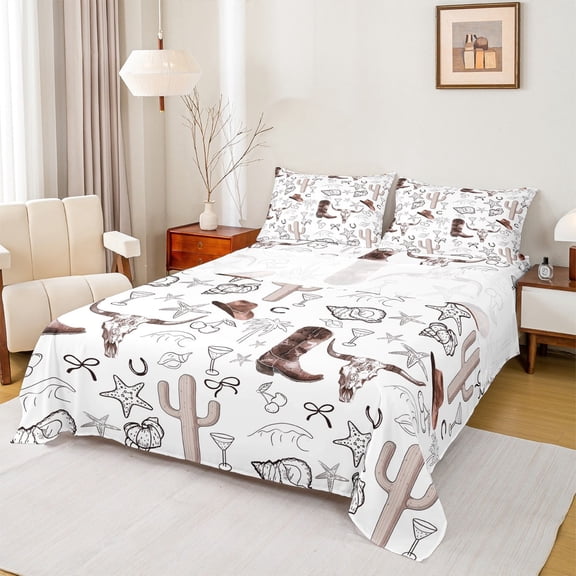 Manfei Retro Bull Skull Full Size Sheets,Brown Cowgirl Boots Bed Sheets,Western Country Farmhouse Sheet Sets For Girls,Luxury Bedroom Decor,4-Piece