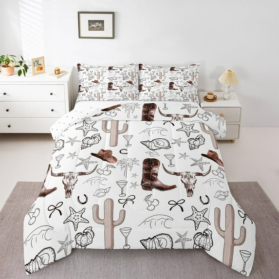 Manfei Retro Bull Skull King Size Comforter Sets,Brown Cowgirl Boots Bedding Comforter Set,Western Country Farmhouse Bedding Set For Girls,Luxury Bedroom Decor Reversible,3pcs