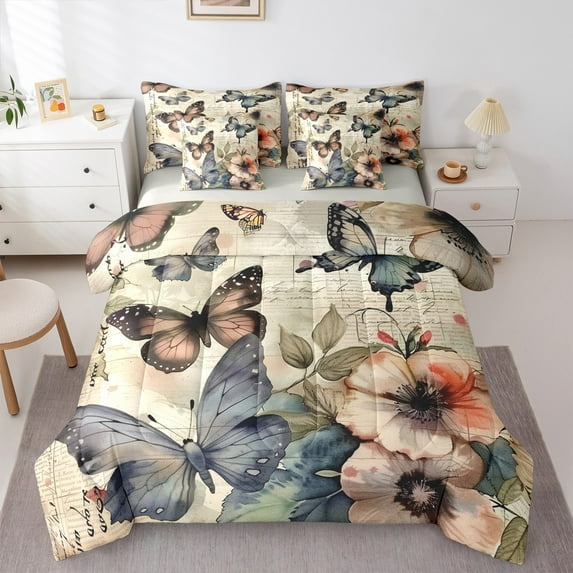 Manfei Retro Butterfly 7pcs Bedding Comforter Set,Vintage Rustic Flower Queen Bedding Sets,Natural Theme Queen Sheet Sets For Girl Kids,Breathable Home Decor Reversible