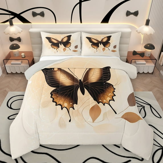 Homewish Retro Butterfly Animal Queen Comforter Set for Teen, Leaf Plant Botancial Bedding Sets, Fashion Watercolor Reversible Bedding Comforter Set, Breathable Home Decor, 3pcs