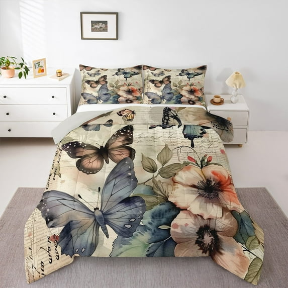Manfei Retro Butterfly Queen Comforter Set,Vintage Rustic Flower Bedding Sets,Natural Theme Bedding Comforter Set For Girl Kids,Breathable Home Decor Reversible,3-Piece