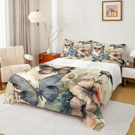 Manfei Retro Butterfly Queen Sheet Sets,Vintage Rustic Flower Flat Sheet,Natural Theme Queen Fitted Sheet For Girl Kids,Breathable Home Decor,4-Piece