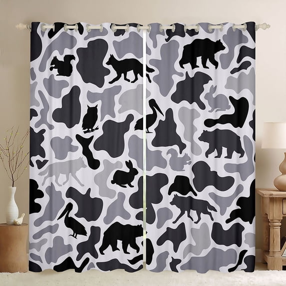 Manfei Retro Camo Kitchen Curtains,Lovely Bear Black Out Curtains Pack of 2 (42x63 Each),White Black