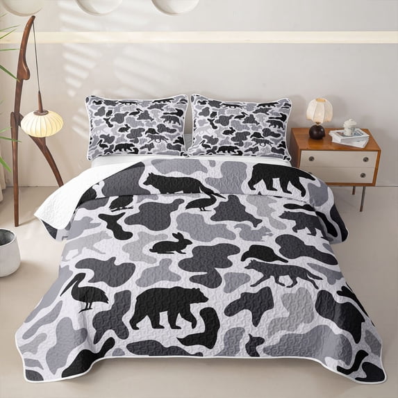Manfei Retro Camo Twin Quilt Set,Lovely Bear Twin Coverlet Set,White Black,2-Piece
