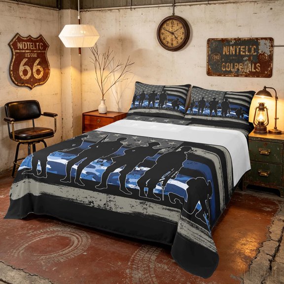 Manfei Retro Camo US Flag Bed Sheets, Patriotic Soldier Silhouette Full Size Sheets, Blue, Black Reversible 4pcs (1 Flat Sheet, 1 Fitted Sheet and 2 Pillowcases)