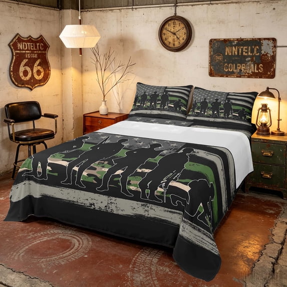 Manfei Retro Camo US Flag Bed Sheets, Patriotic Soldier Silhouette Full Size Sheets, Green, Black Reversible 4 Pieces (1 Flat Sheet, 1 Fitted Sheet and 2 Pillowcases)
