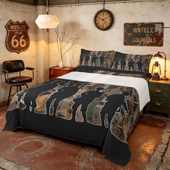 Manfei Retro Camo US Flag Bed Sheets, Patriotic Soldier Silhouette Full Size Sheets, Woodland Camo, Black Reversible 4pcs (1 Flat Sheet, 1 Fitted Sheet and 2 Pillowcases)