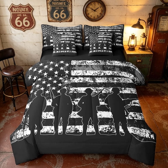 Manfei Retro Camo US Flag Full Size Bedding Sets, Patriotic Soldier Silhouette Full Size Bed in a Bag, Black White, Black Reversible 7 Pieces