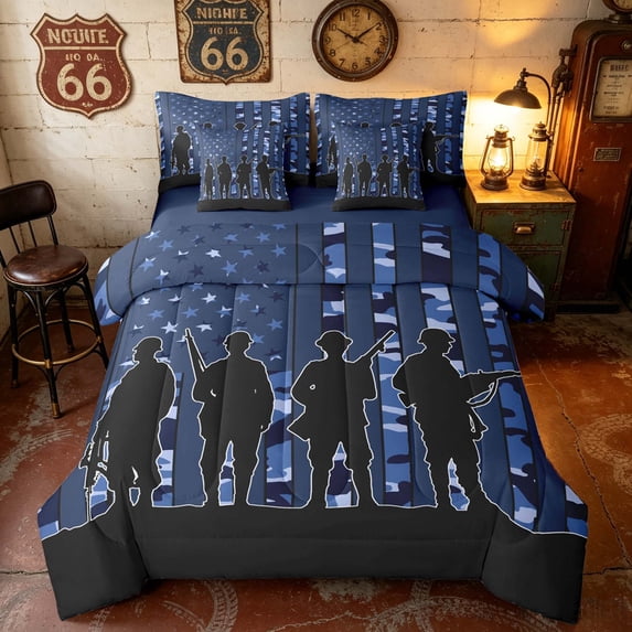 Manfei Retro Camo US Flag Queen Bedding, Patriotic Soldier Silhouette Bedding Comforter Set Queen, Blue Camo, Navy Reversible 7pcs